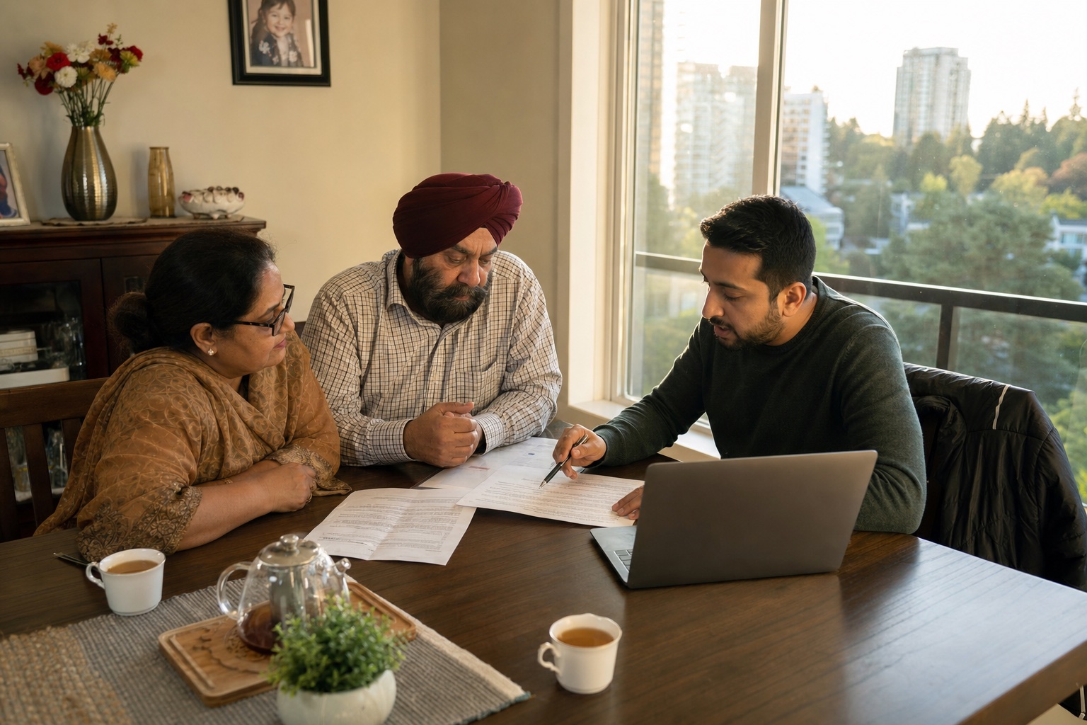Three people going through paperwork at a dining table, with apartment towers and treetops through the window behind them.